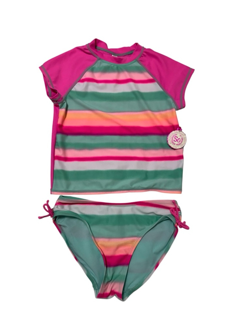 SO Girls' Pink, Green & Yellow Striped Rash Guard Bikini Girls Size 10